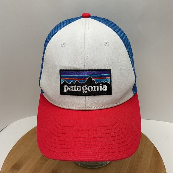 Patagonia P6 Roger That Mesh Retro Red White Blue Trucker Hat Snapback - Picture 1 of 5